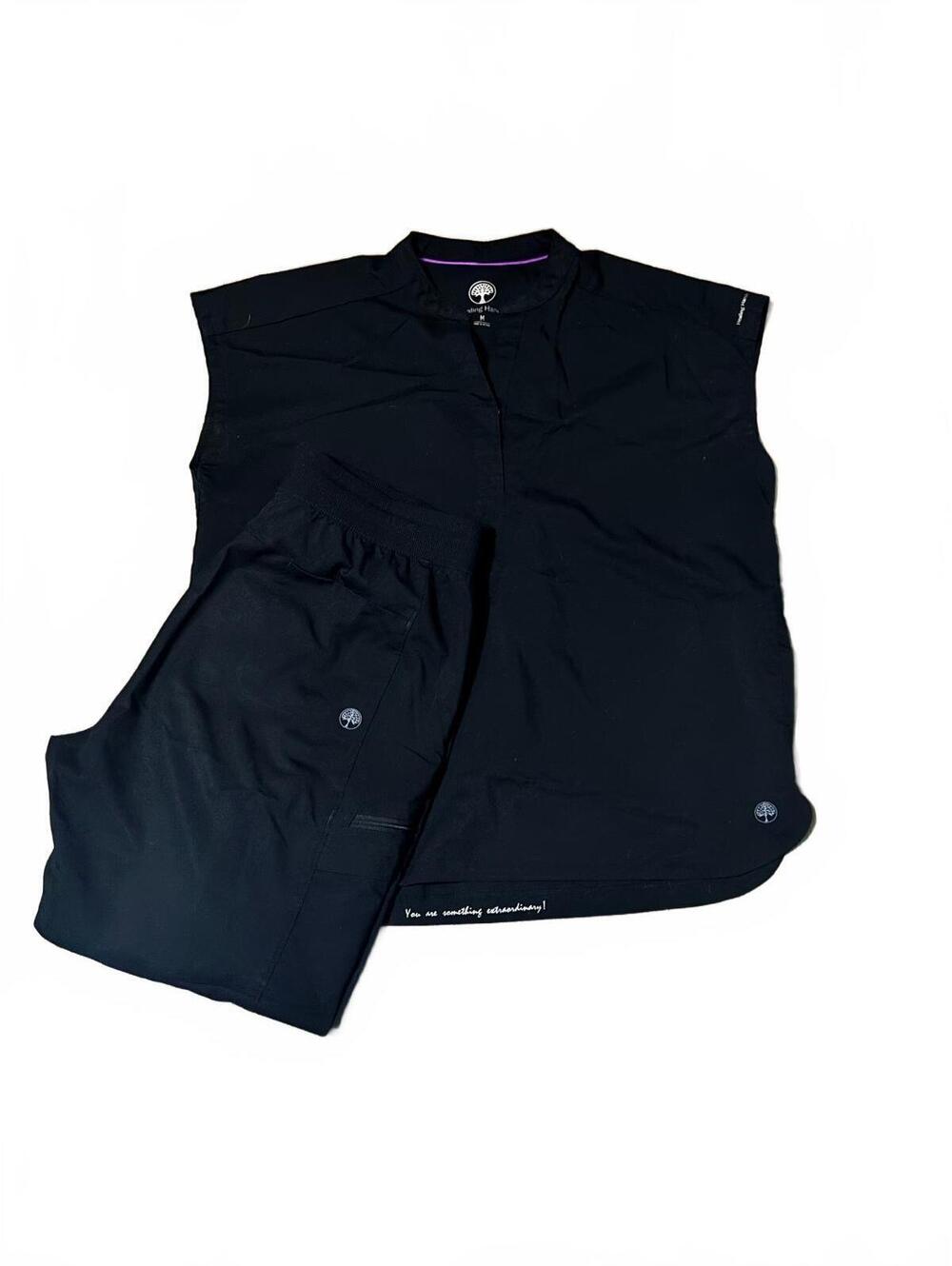 Black Healing Hands Scrub Set Top M, Bottom L